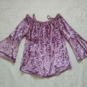Purple off shoulder crushed velvet bell sleeve top